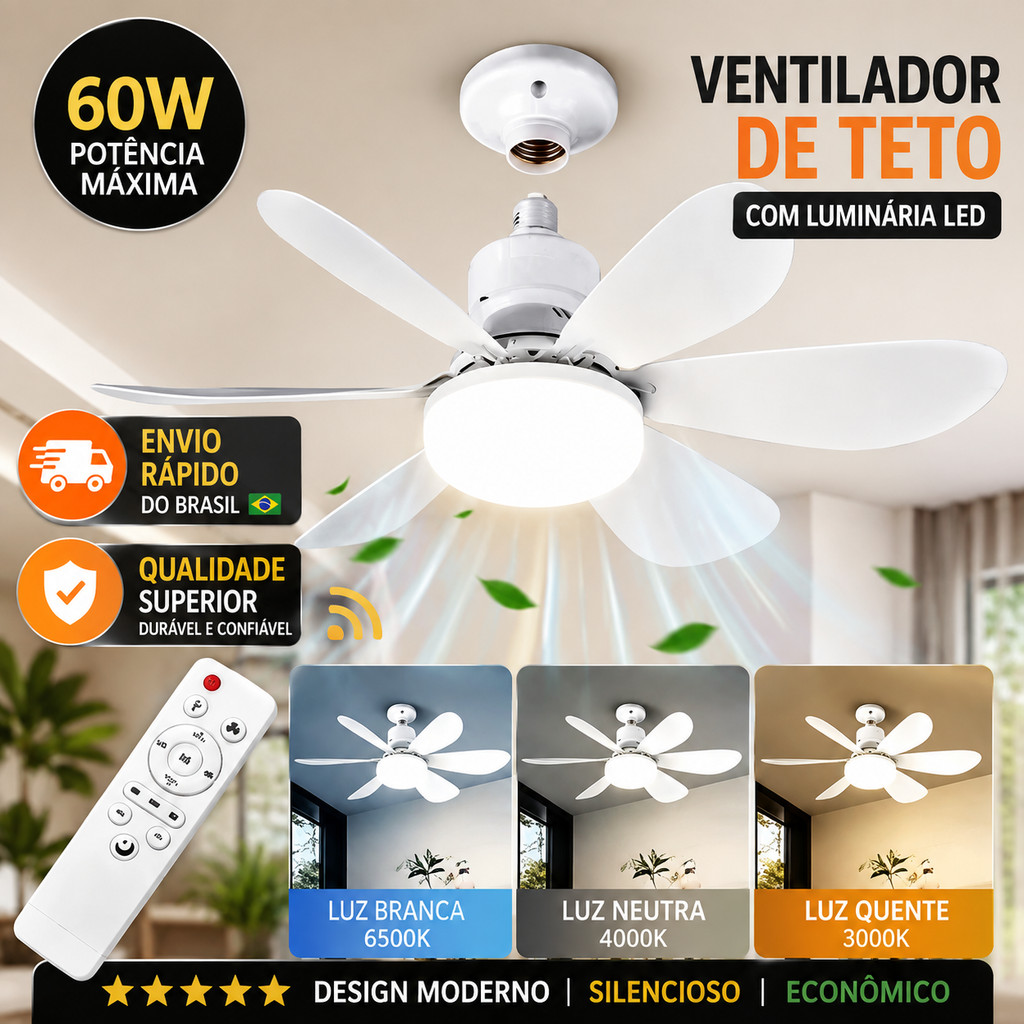 Ventilador de Teto com Luz LED 60W E27, Controle Remoto, Silencioso, 3 Velocidades, 3 Cores de Luz, Bivolt 110V/220V - Sala, Quarto e Escritório