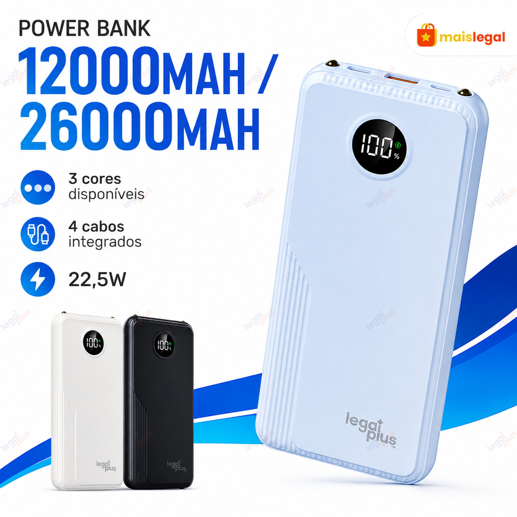 Carregador Portátil 12.000 e 26.000mAh Tela Digital 22,5W PD Carregamento Rápido Universal Vários Dispositivos