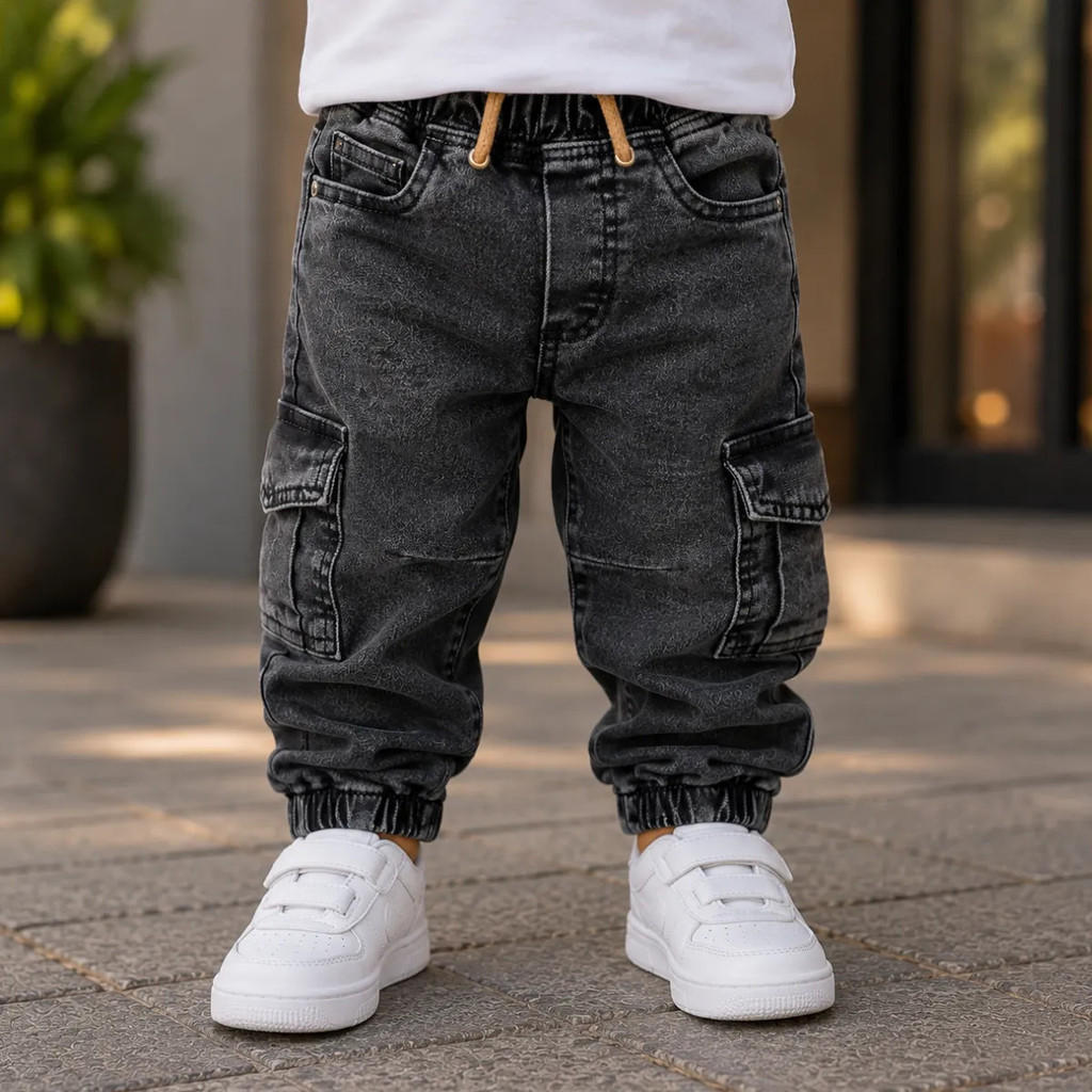 Calça Jeans Cargo Infantil Masculina Jogger Preta 1 ao 3