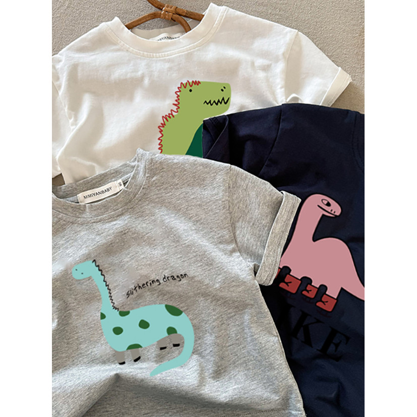 2026 novo estilo de algodão puro crianças Casual solto em torno do pescoço manga curta camiseta dinossauro impressão men