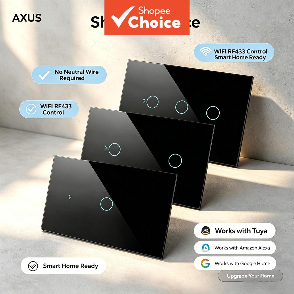 Interruptor de Parede Inteligente AXUS para Tuya WiFi 1/2/3/4 Gang com/sem Fio Neutro, Interruptor de Luz Controle por