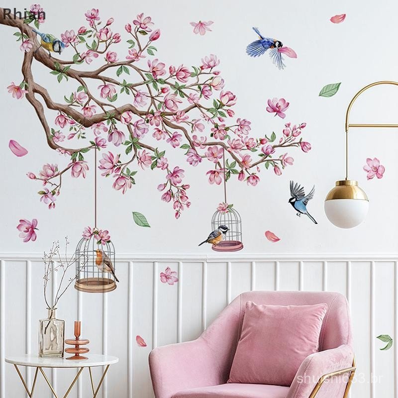 [Rhian] Rosa Flor De Pêssego Pássaro Adesivos De Parede PVC Auto-Adesivo Quarto Sala De Estar Arte Deco Decalque Decoraç