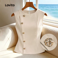 Lovito Top Elegante com Botões Frontais Assimétricos Amarelo para para mulheres TKB199P2D237