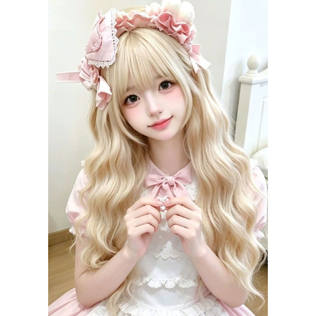 Peruca no estilo Lolita, moderna e elegante, com um penteado volumoso, encaracolado e de aspeto natural, ideal para mulh