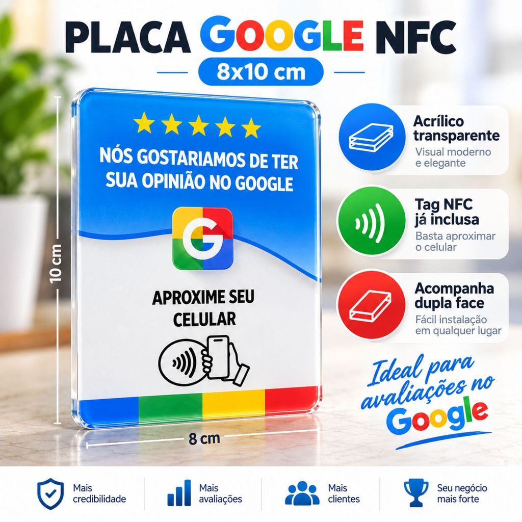 Placa Google Avaliação NFC 8x10cm em Acrílico Transparente com Tag NFC e Dupla Face