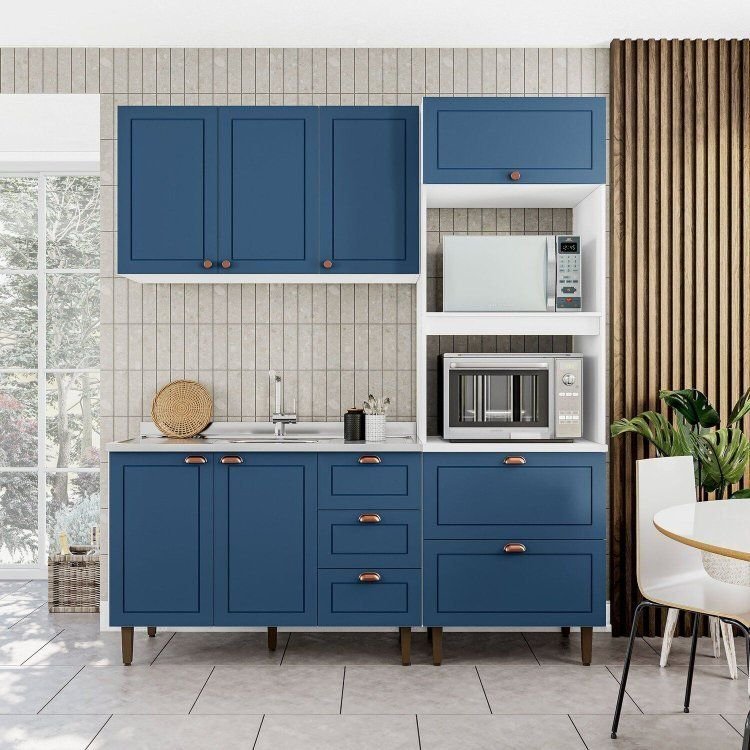 Cozinha Pérola Modulada 3 Peças Aéreo 3 Portas e Balcão 2 Gavetas 3 Portas e Torre Yescasa Azul Azul/Branco