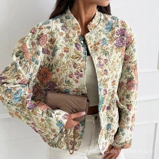 Casaco de Manga Longa com Bordado Floral para Outono/Inverno 2026, Casual, Gola O, Abotoamento Simples, Jaqueta para o D