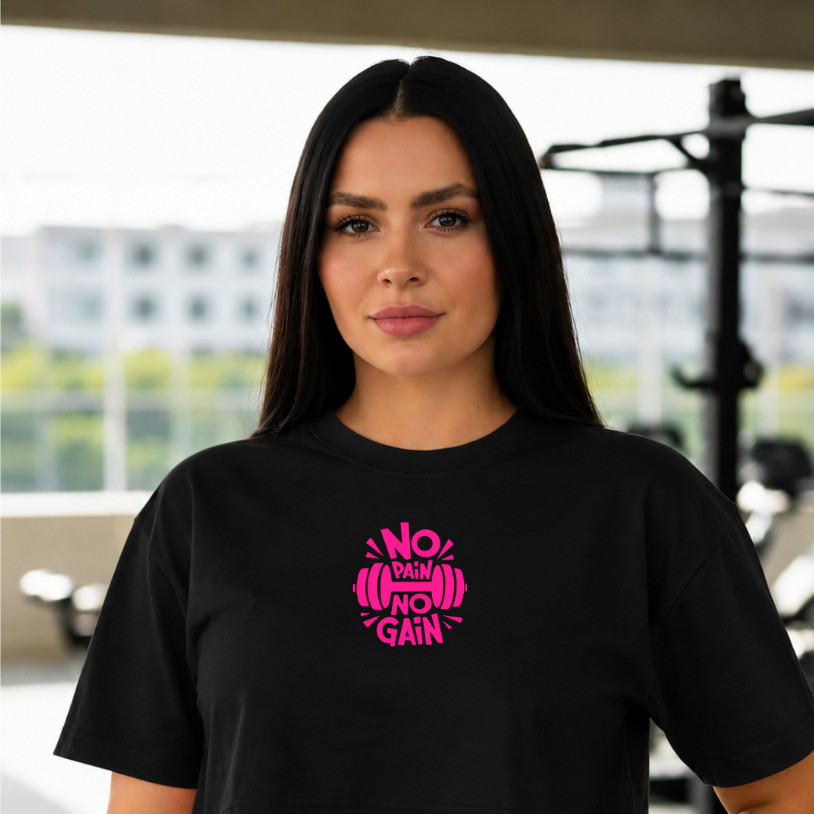 Camiseta Feminina Cropped Over Premium 100% Algodão No Pain No Gaym Confortável Para Treino e Academia
