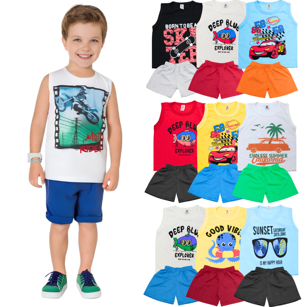 Kit 6 Peças Conjunto Sortido Regata Infantil Menino Estampado - 3 Camisetas e 3 Bermudas