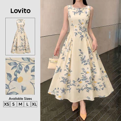 Lovito Padrão de Vestido Elegante com Drapeado Vestido de Primavera/verão para mulheres DRK8P2D848