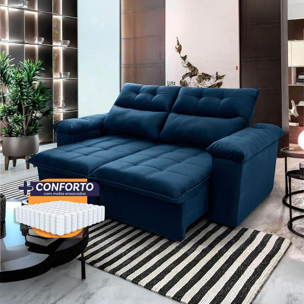 Sofá Retrátil Reclinável Verona 1,50m Suede Velut Azul Molas Ensacadas - King House
