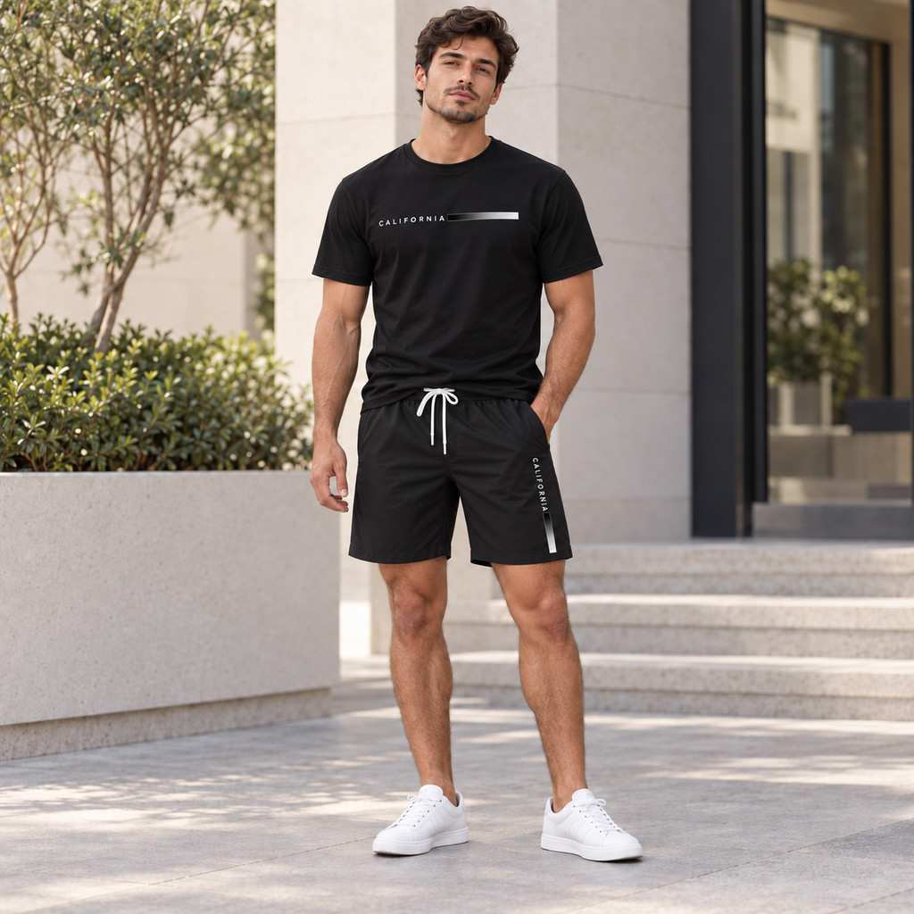 Conjunto Masculino Camiseta Estampada Califórnia + Bermuda de Tactel Moda Verão Casual