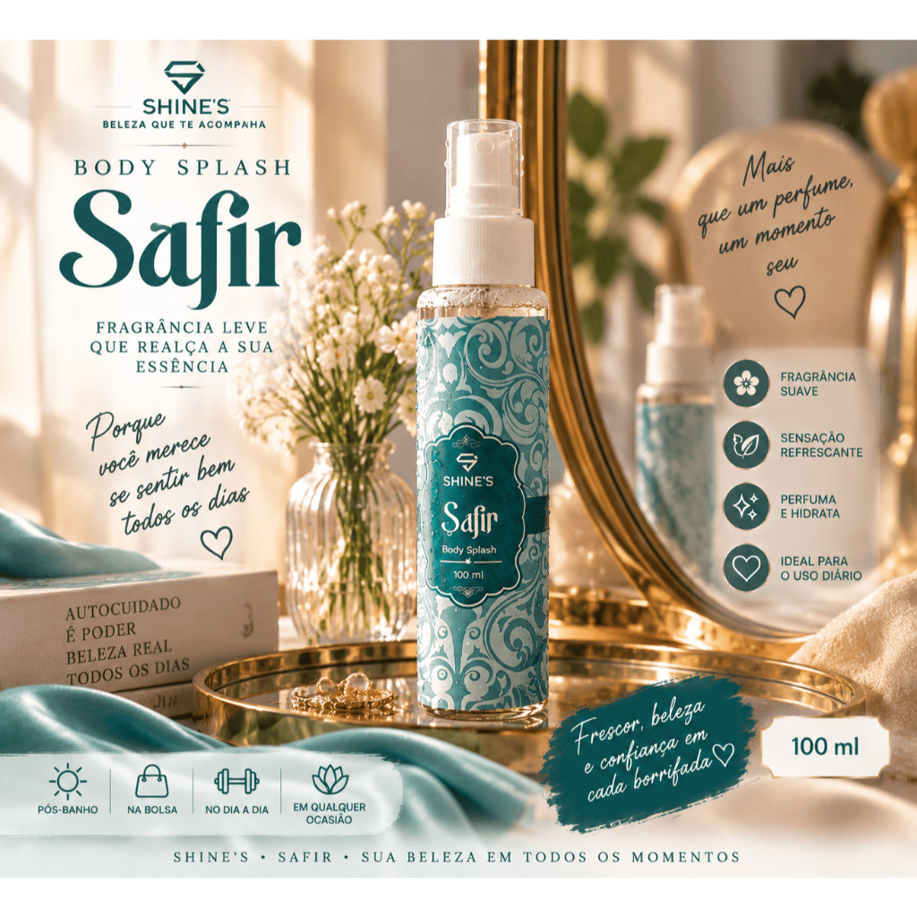 Body Splash Safir SHINE'S Feminino 100ml Fragrância Suave Perfumação Corporal Elegante