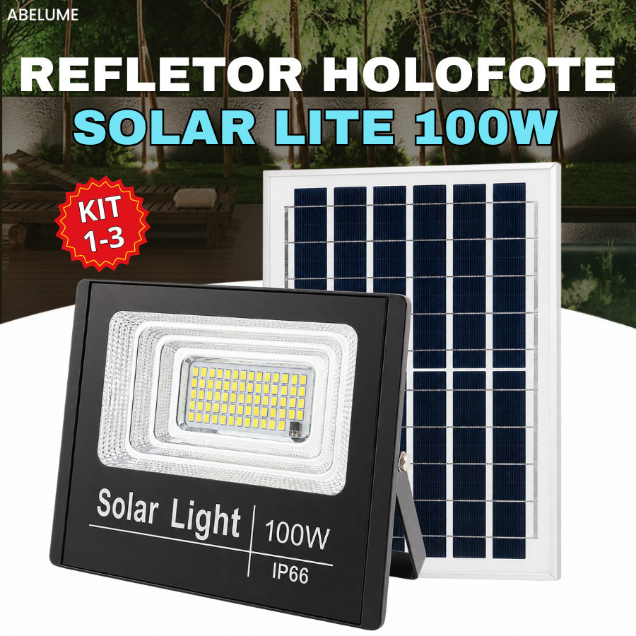 Holofote Refletor Solar 100W Lite Super Led IP66 Acompanha Placa Solar Luz Branco Frio 6500K