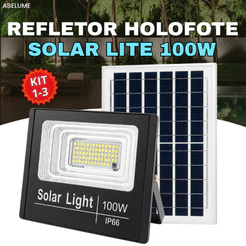 Holofote Refletor Solar 100W Lite Super Led IP66 Acompanha Placa Solar Luz Branco Frio 6500K