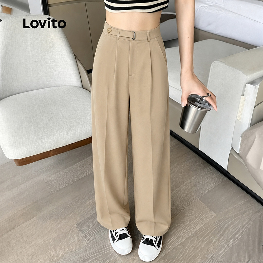 (Elegante) Lovito Calça com fivela de Metal liso para mulheres L129ED459
