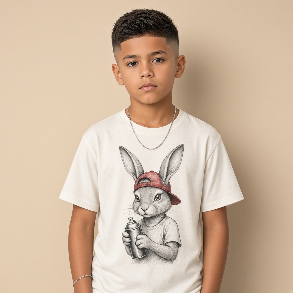 Camiseta Infantil e Jovem Estampada Coelho Boné Spray 100% Algodão Premium Criança Personalizada Unissex Blusa Jovem