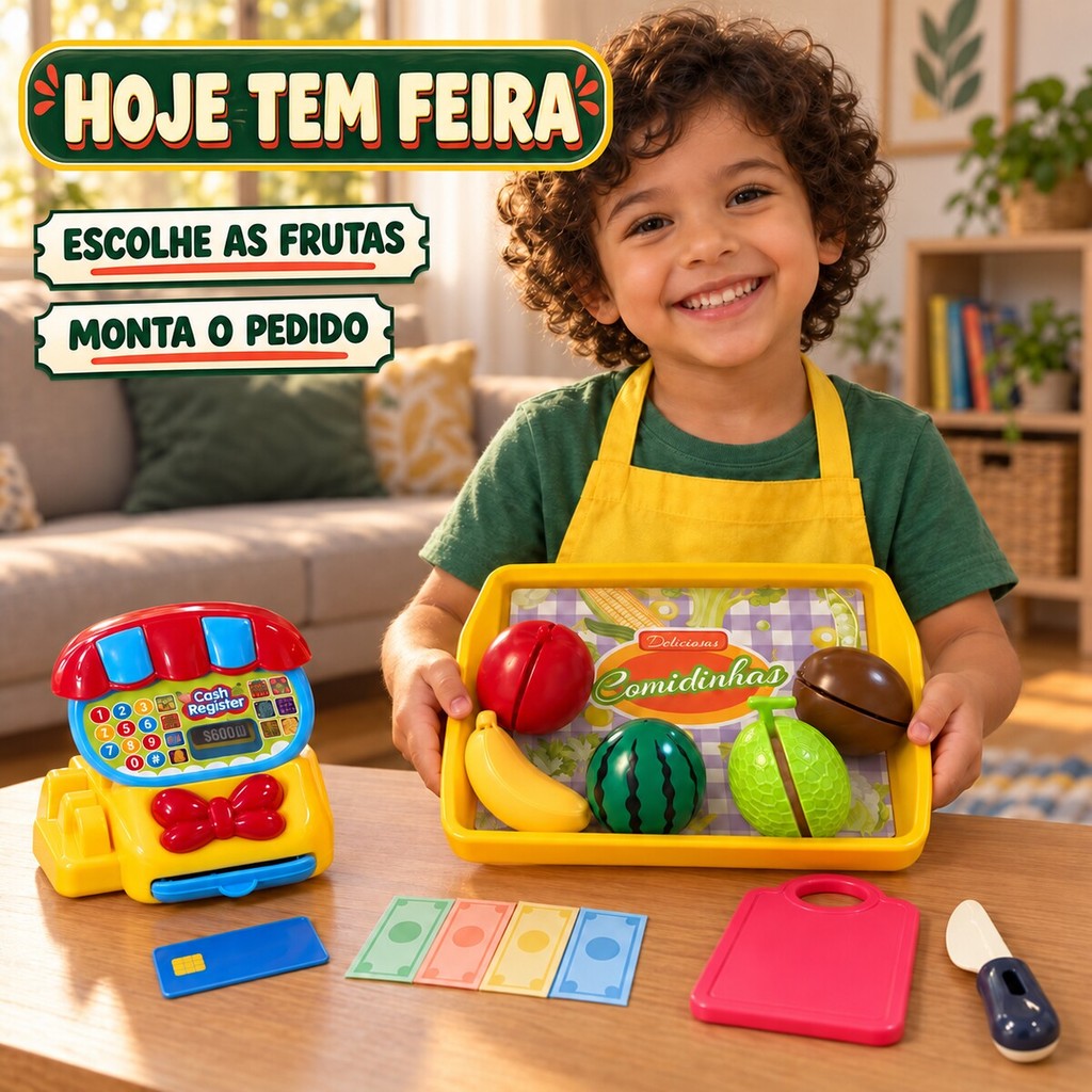 Kit Mercadinho Infantil 10 Peças Frutas Legumes Cortar Velcro Faca Tábua Caixa Registradora Brinquedo Educativo Kizumba — imagem 2 de 2