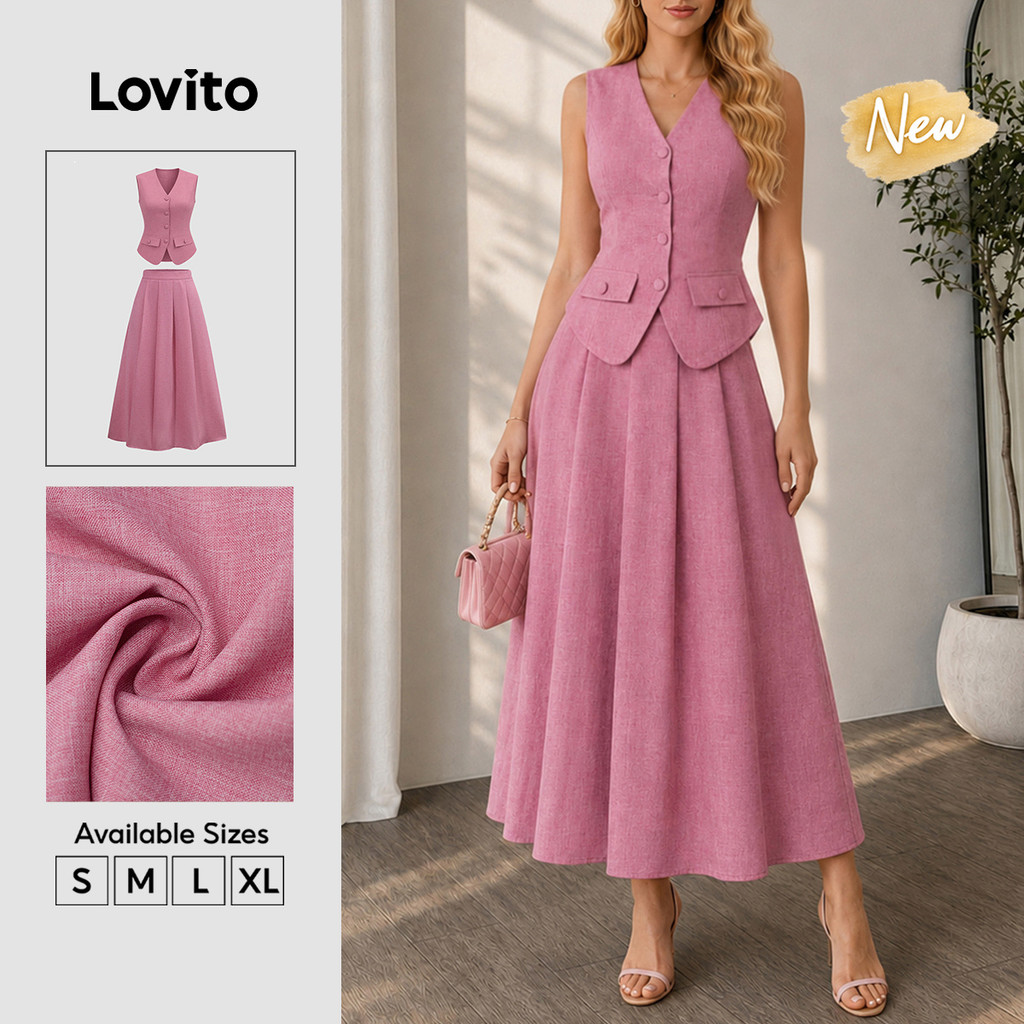 (New Arrival) Lovito Saia Rosa Casual Plissada Feminina botão Bolso Falso prim/verão férias/trab Top/parte Inferior KSB39BR090
