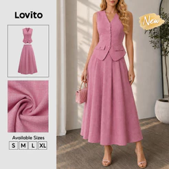 (New Arrival) Lovito Saia Rosa Casual Plissada Feminina botão Bolso Falso prim/verão férias/trab Top/parte Inferior KSB39BR090