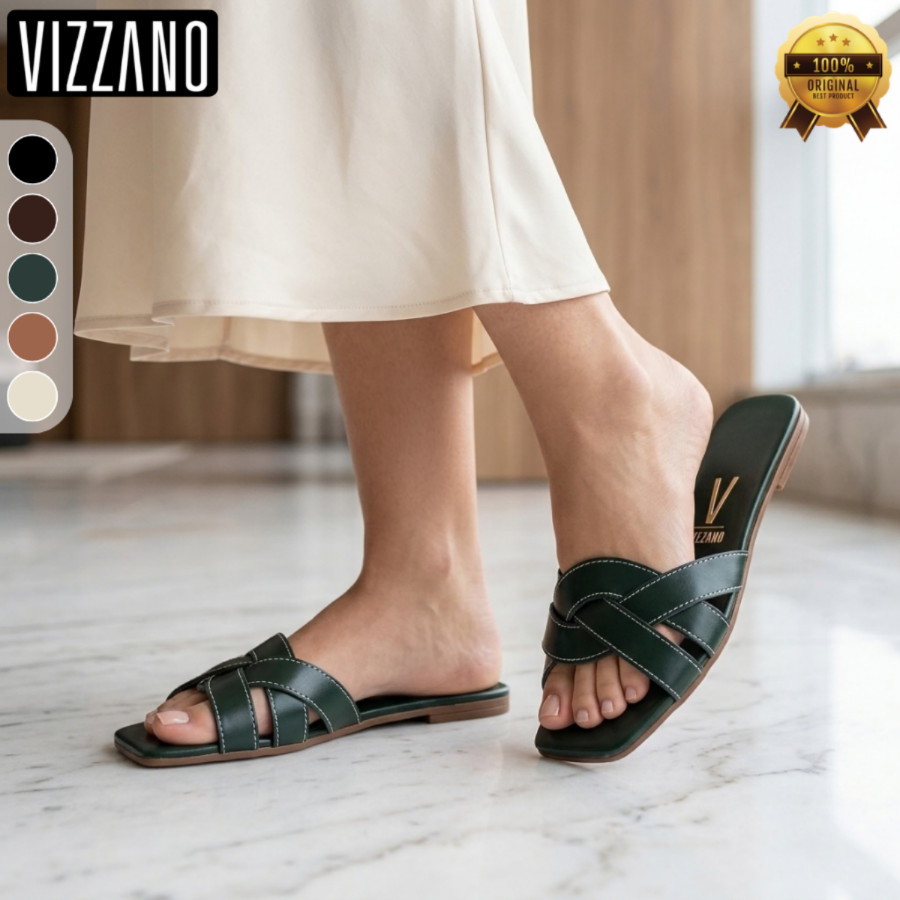 Vizzano Sandália Rasteira Feminina  Design Moderno Conforto Dia a Dia Tiras Cruzadas Bico Quadrado Palmilha Acolchoada