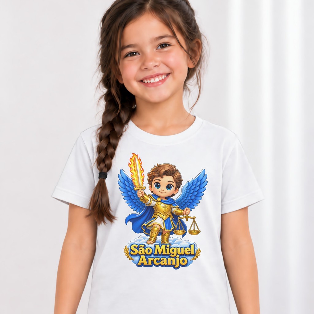 Camiseta Infantil Menina São Miguel Arcanjo Infantil Estampada Católica Religiosa 100% Algodão Igreja Encontro de Jovens