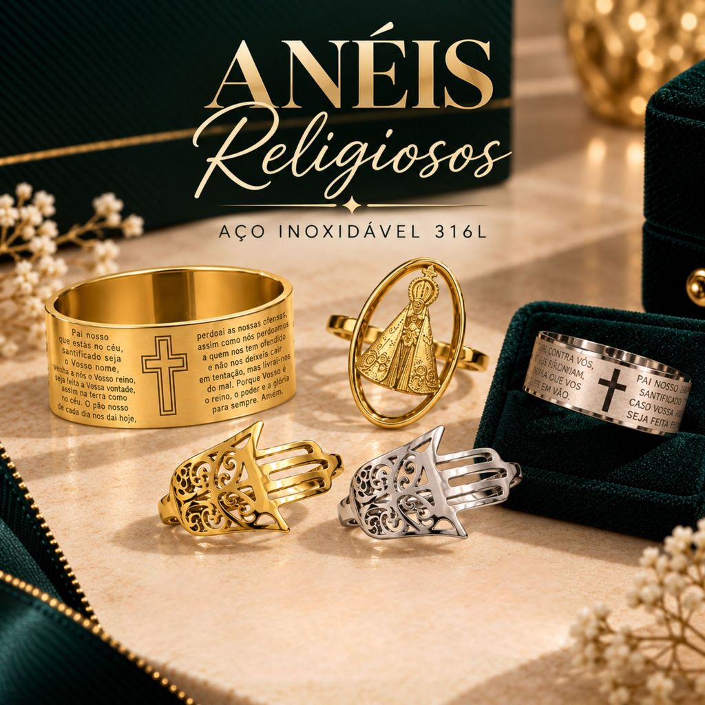 Anel Pai Nosso Oração Completa 8mm Dourado Aço Inoxidável Não Escurece Premium