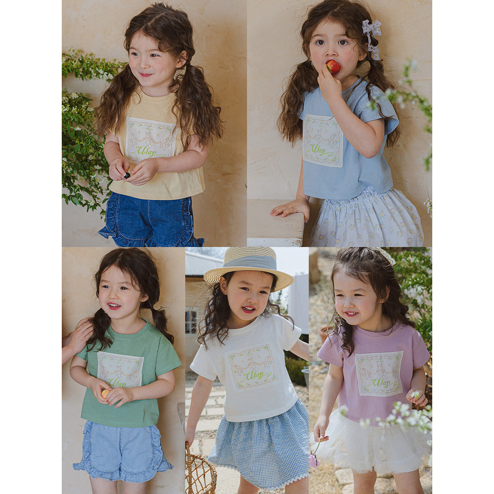 Meninas de manga curta camiseta estilo verão coreano crianças meninas doce remendo carta dos desenhos animados em torno 