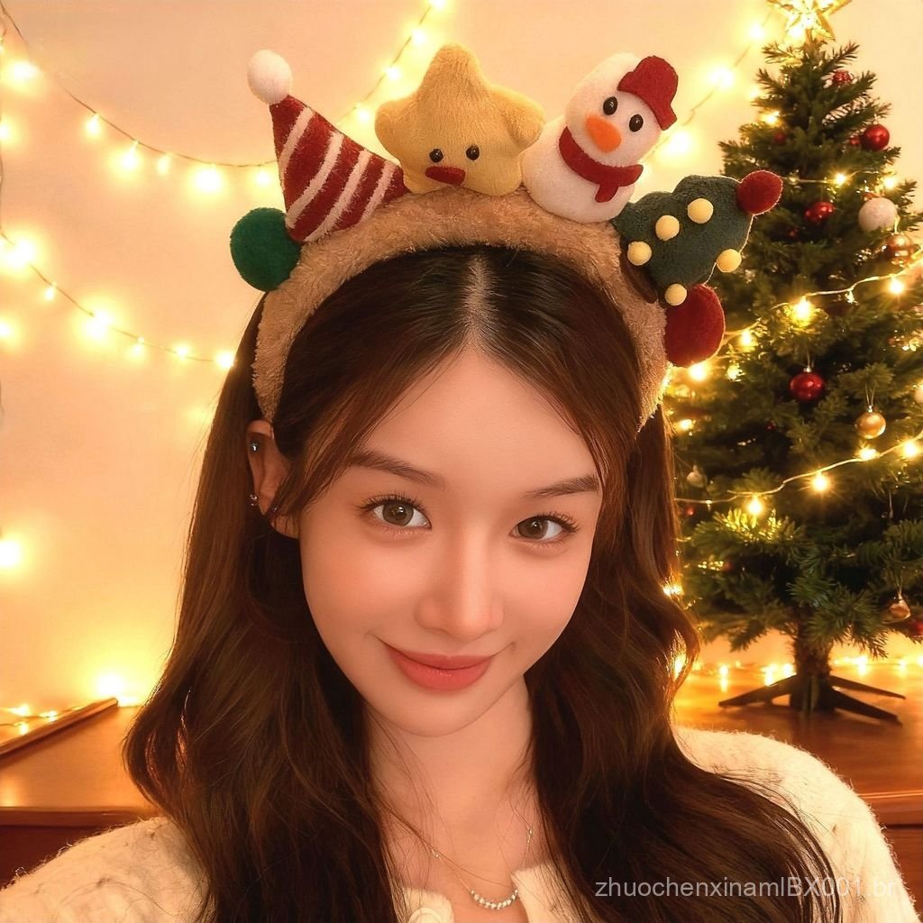 Tiara de Natal com chifres de rena de pelúcia, acessório de cabeça para festas de Natal femininas, adereço para fotos, a