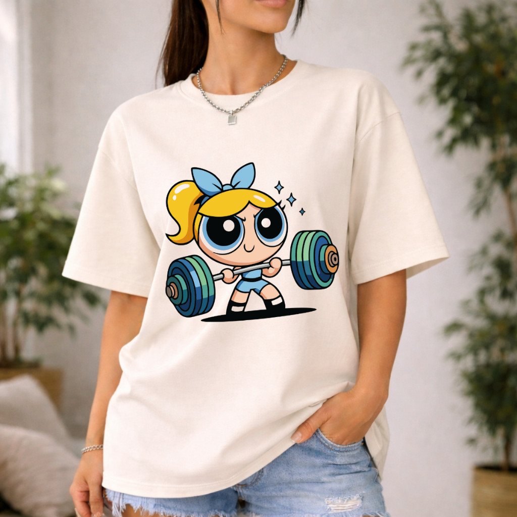 Camiseta Oversized Lindinha Power Girl Academia Estampa Fofa Fitness Feminina Algodão