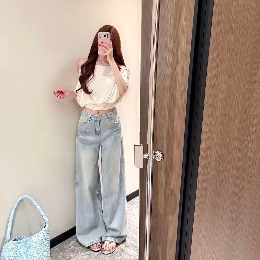 Americano high Street bolso bordado Machete Jeans de perna larga feminino outono solto cintura alta mais magro olhar ret