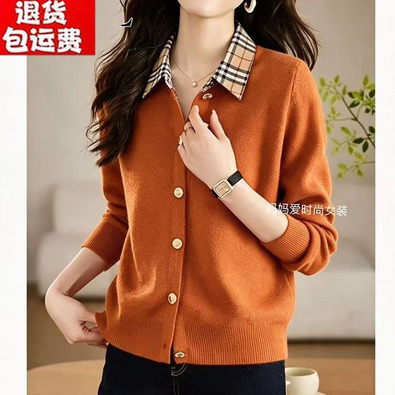 Plus-size knitted cardigan with a turn-down collar for plus-size mothers, fashionable and age-reducing, suitable for aut