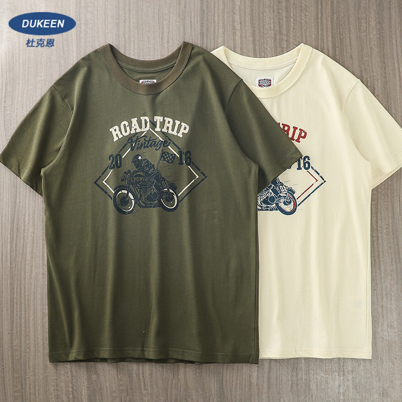 DUKEEN americano pesado de manga curta camiseta masculina verão Retro motocicleta impresso camiseta puro algodão meia ma