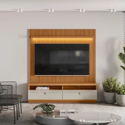 Rack com Painel Ripado para TV até 75 Polegadas com LED MDF 180CMX198CM 2 Nichos 2 Gavetas Ouro Preto Marrom 180