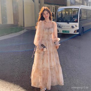 Vestido Francês De Chiffon Com Gola Quadrada E Manga Bufante Floral Feminino Primavera Outono De Fada Primeiro Amor Maci
