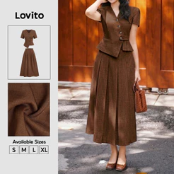 Lovito Tops ou Bottoms Casuais com Pregas Irregulares e Botão Marrom Primavera/verão para Mulheres KSB38BR090
