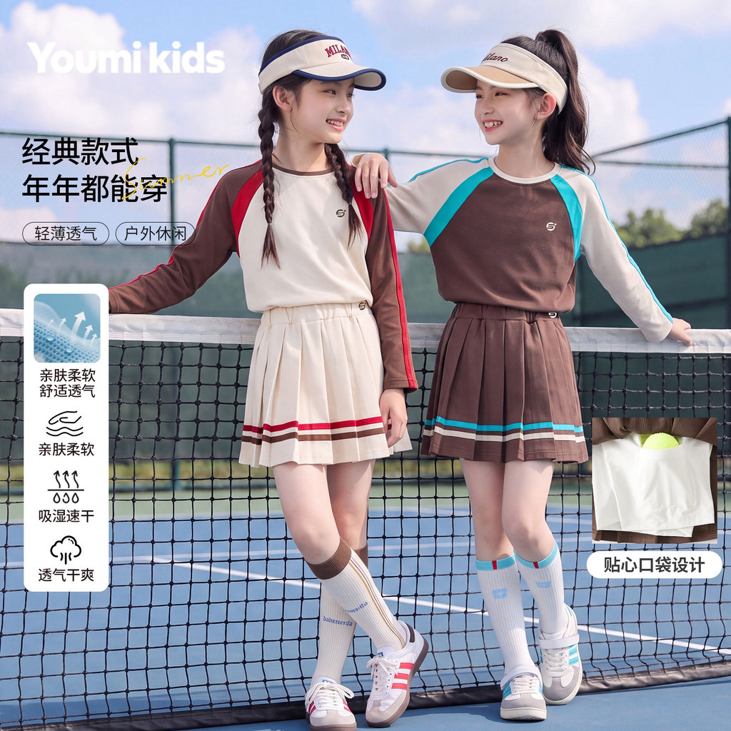 Meninas estilo coreano terno esportivo 2026 primavera outono médio grande crianças contraste cor manga comprida camiseta