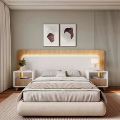 Cabeceira Casal Queen com 2 Mesas de Cabeceira LED 3000k e Tomadas 100% MDF Mabel Branco/Louro Freijó Grann
