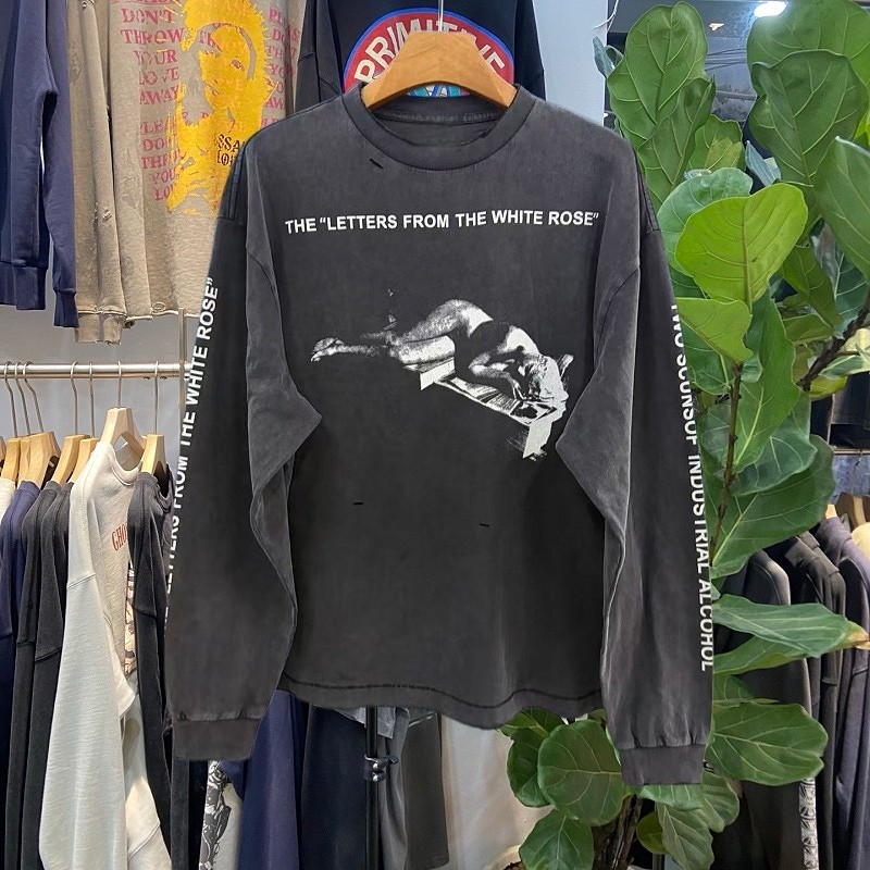 Americano Retro ERD estilo rico segunda geração angustiado lavado carta impressa camiseta de manga comprida masculino fe