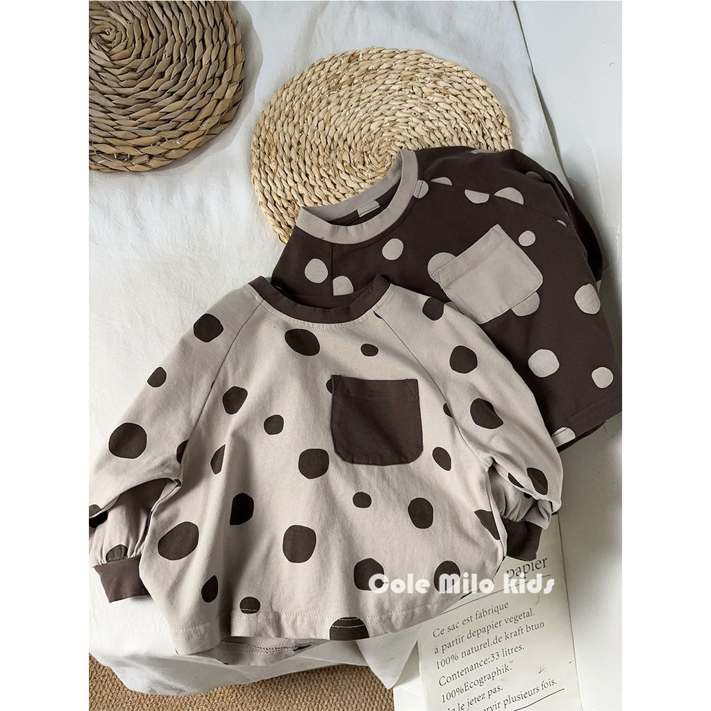 Cor combinando bolinhas ~ versão coreana linho algodão bebê manga comprida camiseta meninos meninas topos crianças camis