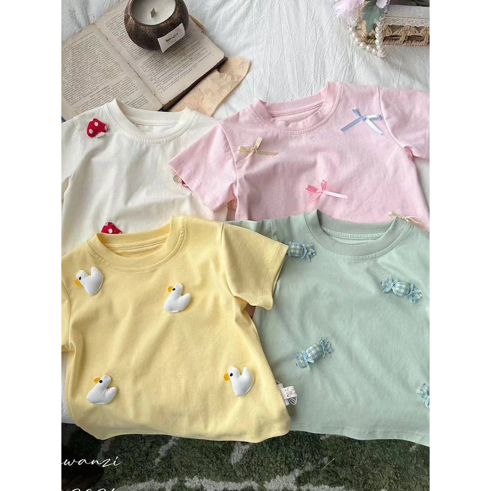 Meninas dos desenhos animados tridimensional topo pequeno médio crianças Bowknot bebê camiseta de manga curta