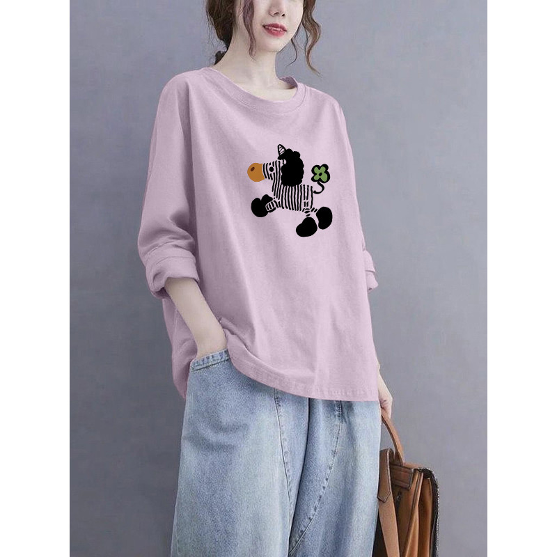 Exportação de comércio exterior 100% algodão Casual dos desenhos animados impresso manga comprida camiseta feminina outo