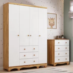 Quarto Infantil com Guarda-Roupa 4 Portas e Cômoda 4 Gavetas 100% MDF Mimo Espresso Móveis Branco/Br Branco