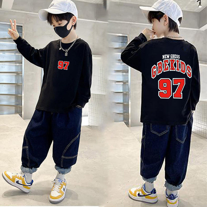 Casual em torno do pescoço de manga comprida puro algodão camiseta crianças solto impresso topo meninos meninas preto ca