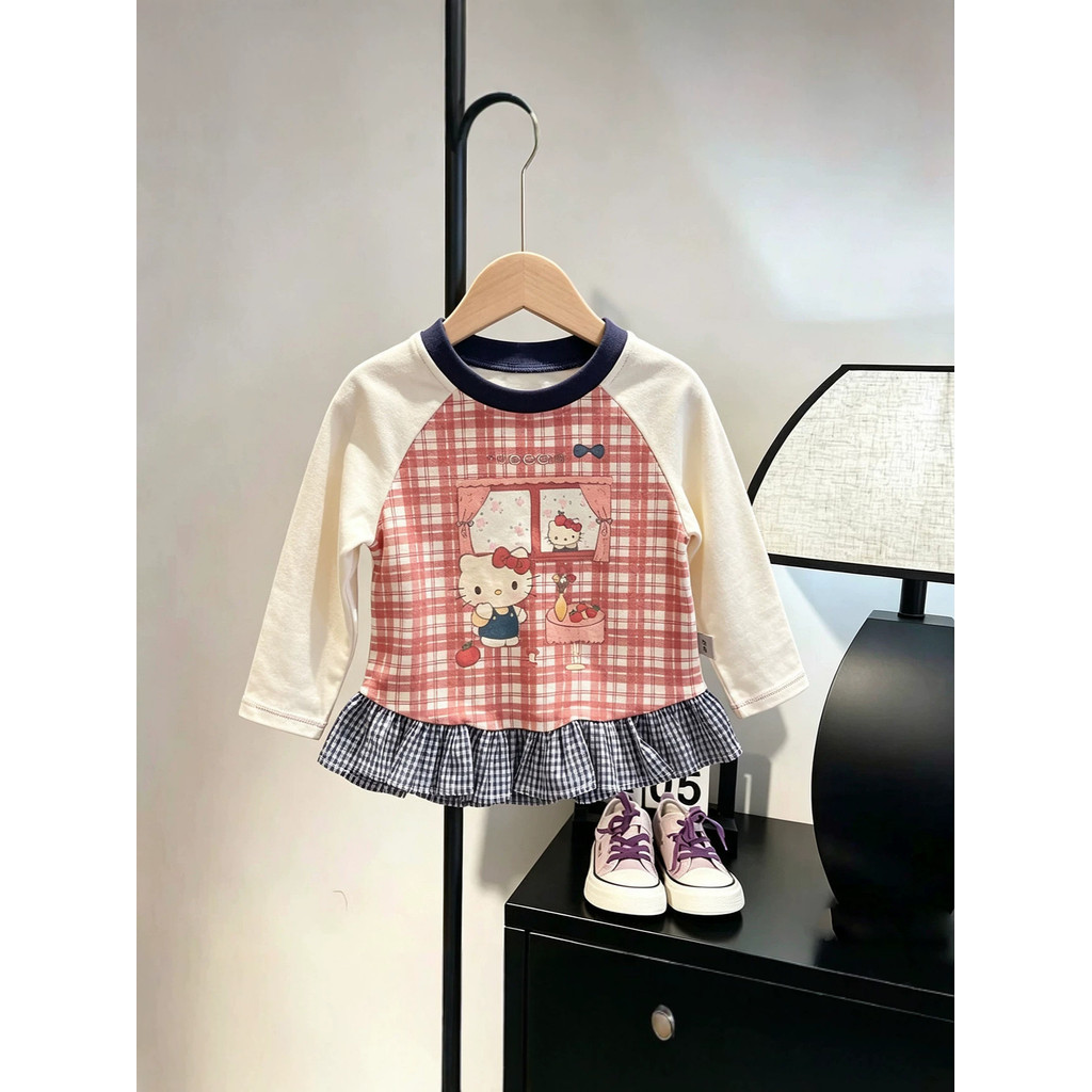 Meninas verificar costura manga comprida camiseta primavera outono 2026 novo estilo moda impressão dos desenhos animados