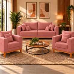 Kit Sofá 3 Lugares e 2 Poltronas Sala de Estar Beny Suede Rosa Madeira Estofados