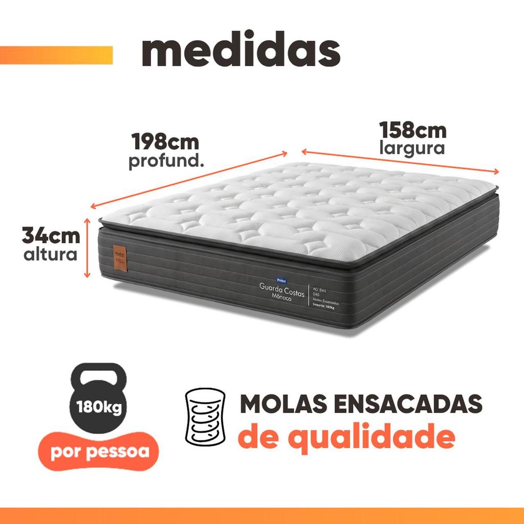 Colchão Queen Molas Ensacadas Pillow Super Monaco 158x198x34cm Probel - Suporta até 180kg por pessoa — imagem 2 de 2