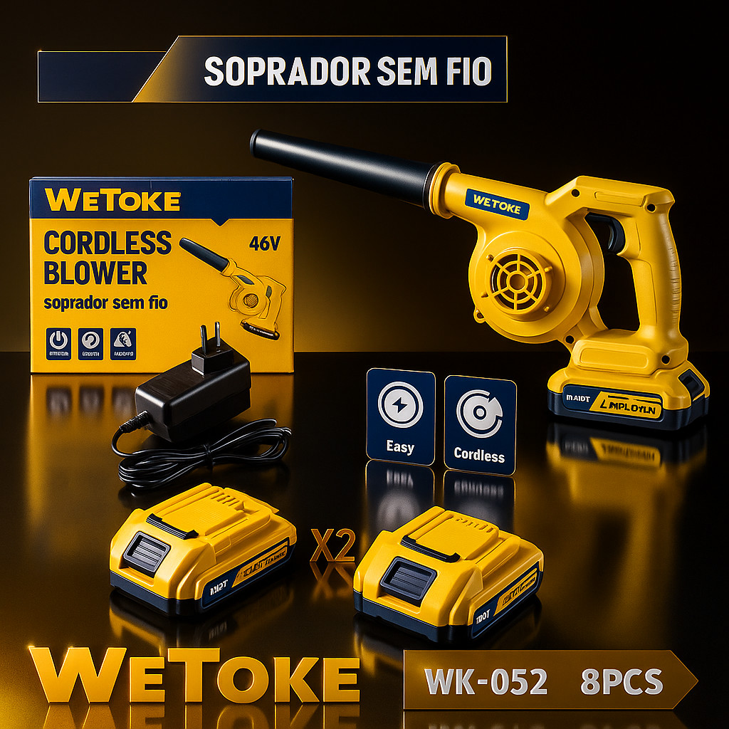 Soprador De Folhas Portátil 48v 2 Baterias Bivolt Amarelo 250W 8 PÇS c/ Bateria e Fonte