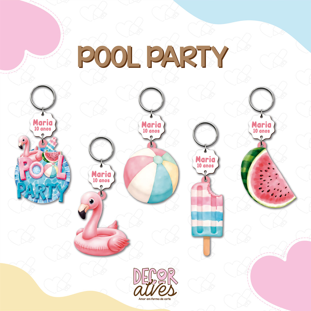 Pool Party MENINA - Chaveiro Personalizado MDF brilhoso Lembrancinha infantil