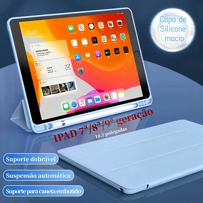 Capa Compatível com para iPad A16/10/9/8/7/6/5/Mini–Smart Folio com suporte para caneta e Suporte Trifold